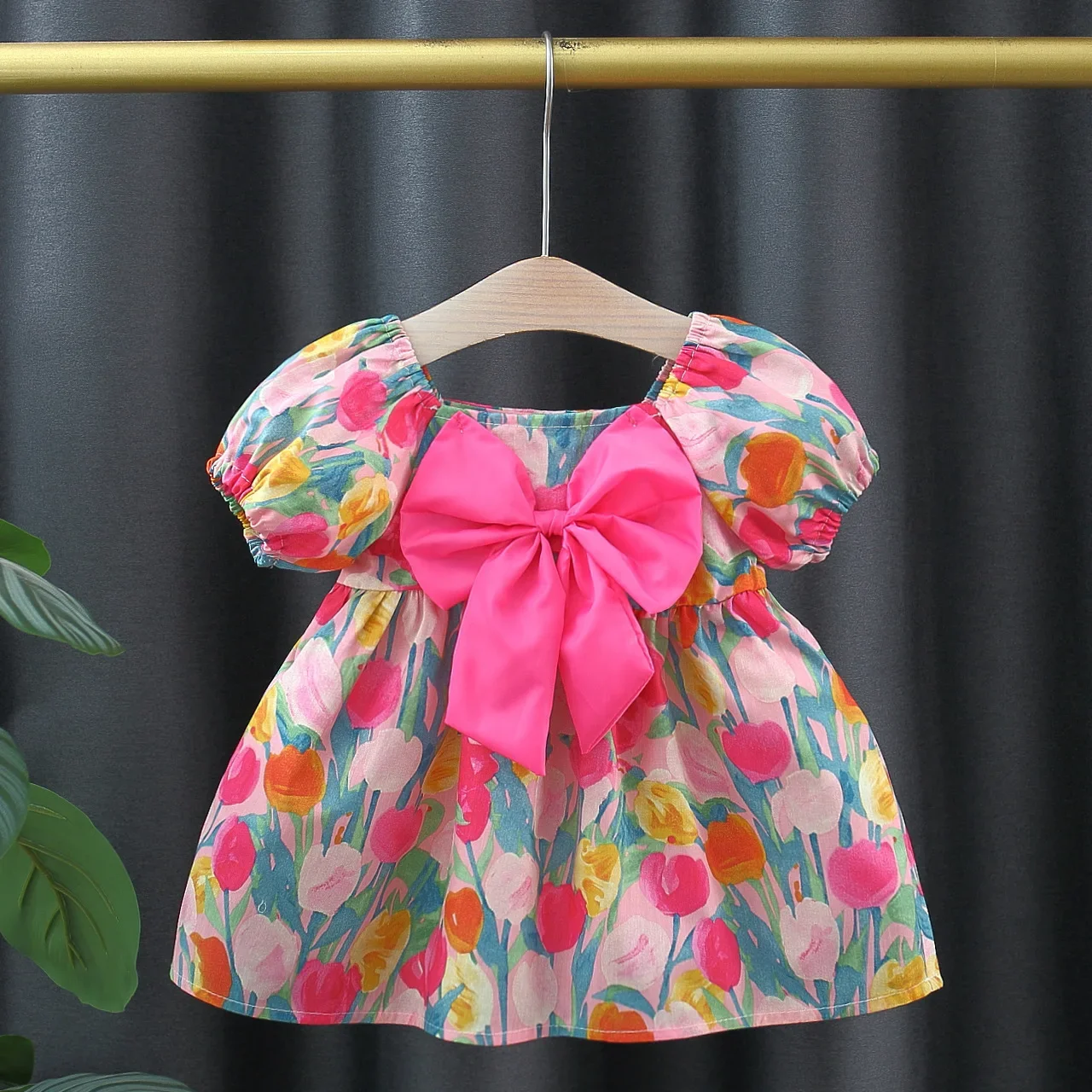 Summer Baby Girl Dress Girl Big Bow Full of Fragmented Flowers Bubble Sleeves Princess Dress Children\'s Dress