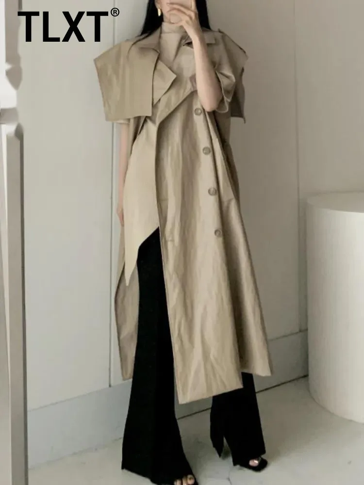 

TLXT Women's PU Leather Windbreaker Turn Down Collar Sleeveless Loose Trench Coat 2025 Summer New Clothing XK1423