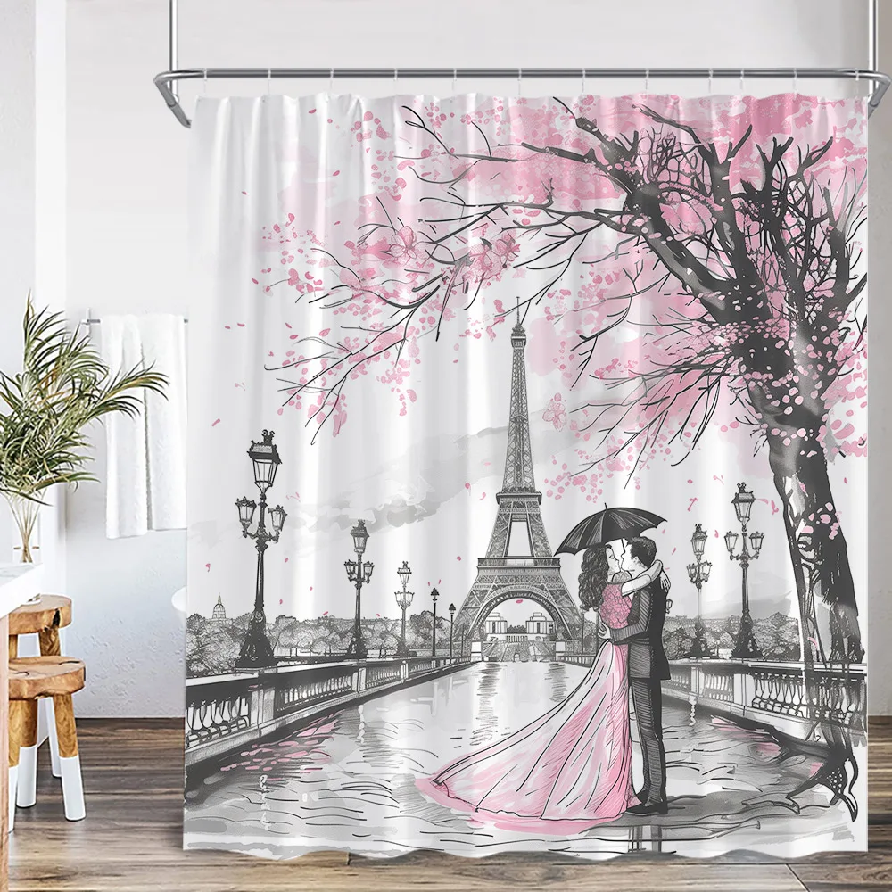 Vintage City Paris Tower Shower Curtain Romantic Lovers Street Lamp Watercolour Art Polyester Fabric Home Bathroom Curtain Decor