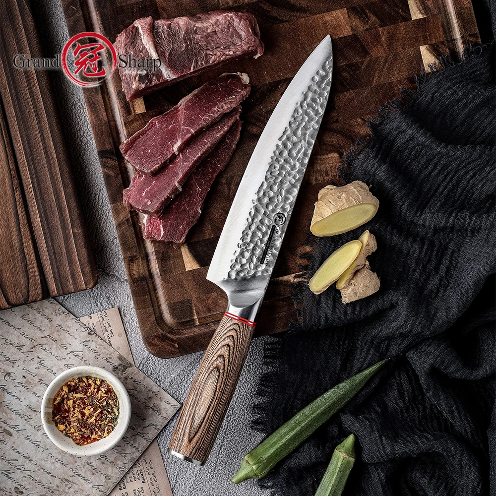 Grandsharp 8''Chef Knife Hand-forged 4CR13 Stainless Steel Kitchen Knives Pakka Wood Handle  Meat Fruit Vegetables Cutting Tools