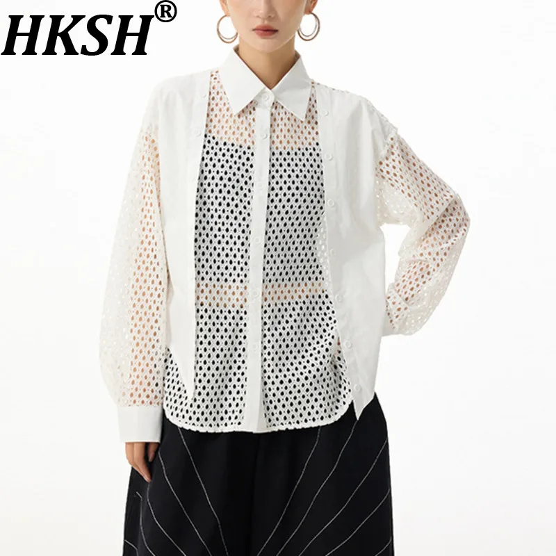 

HKSH Women Shirt Hollow Out Niche Design Long Sleeves Single Breasted Turn-down Collar Elegant Casual Blouse Tops Summer HK22170