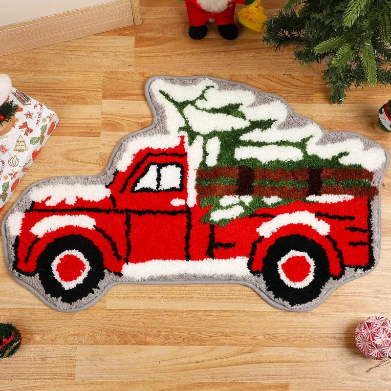 VIKAMA Red Truck Snow Scene Rug, Vintage Pickup with Green Christmas Tree Mat, Holiday Door Mat, Winter Home Decor