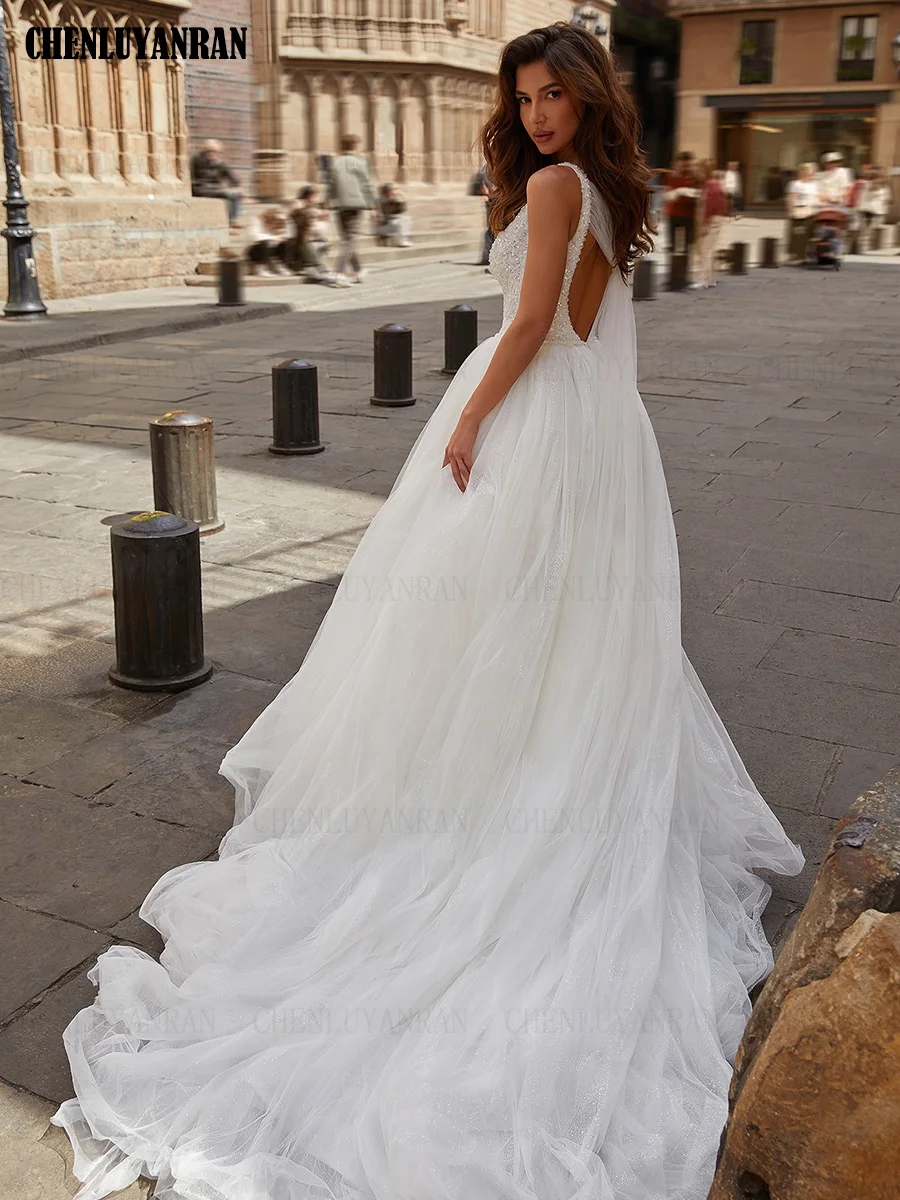 Vestido De Novia largo con escote en V, traje Sexy con espalda descubierta, cola De barrido, marfil, para mujer, 2024