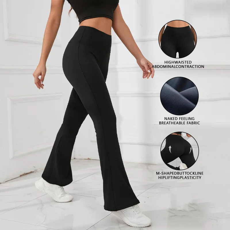 Ladies High-Waist Bell Bottom Pants Slim Fit Yoga Sports Wear Retro Style Casual Outdoor Fitness Long Trousers Four-Way Stretch
