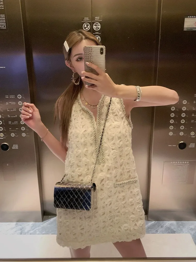 Celebrity Luxury Palace Style Party Dress Beads Sleeveless Women Summer Fashion Short Tank Dress Mesh Tassel Elegant Mini Dress