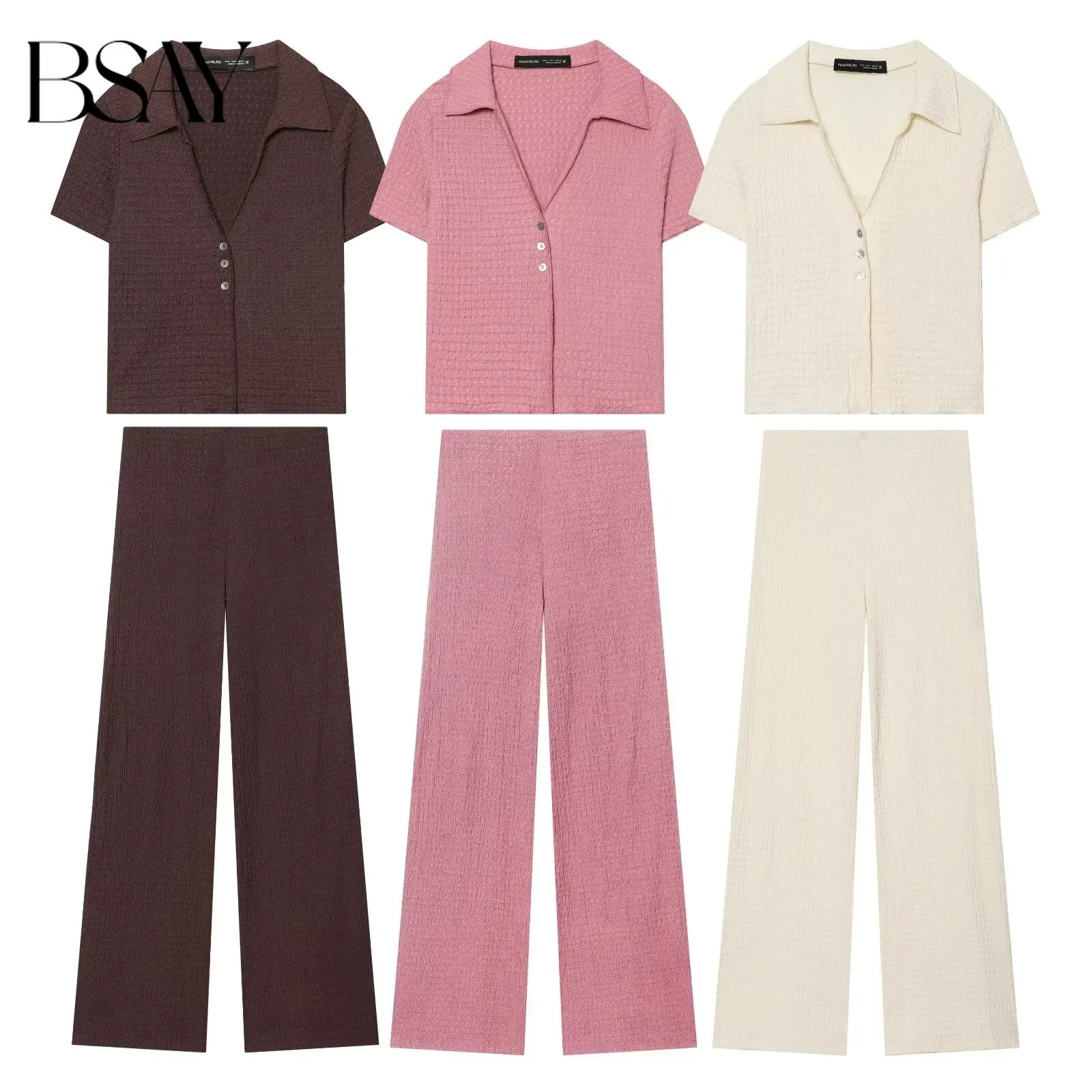 

BSAY Women Summer Vacation Style Pants Two-piece Set Fashionable Soft Comfortable Short Sleeved Top or Wide-leg Trousers