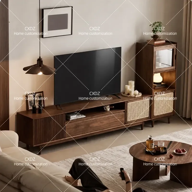 Nordic Solid Wood TV Cabinet and Coffee Table Set Compact Living Room Furniture Simple Floor Standing Storage Sideboard for