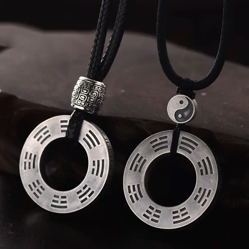 Silver-plated Tai Chi Gossip Safety Buckle Pendant Men's and Women's Retro Sterling Silver Necklace Ring Male Ornaments New 2024