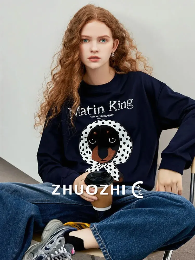 

ZhuoZhi Polka Dot Scarf Dog T-irt round Ne Pullover Faionable Simple Design Autumn New Sle French Sle Long Sve Top
