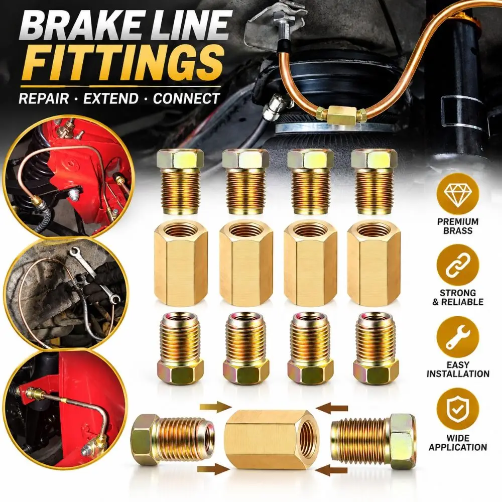 Brass Brake Line Fitting 3/8 Inch-24 Threads 7/16 Inch-24 Threads Inverted Flare Fitting Brake Tube Fittings Car Brake Repair