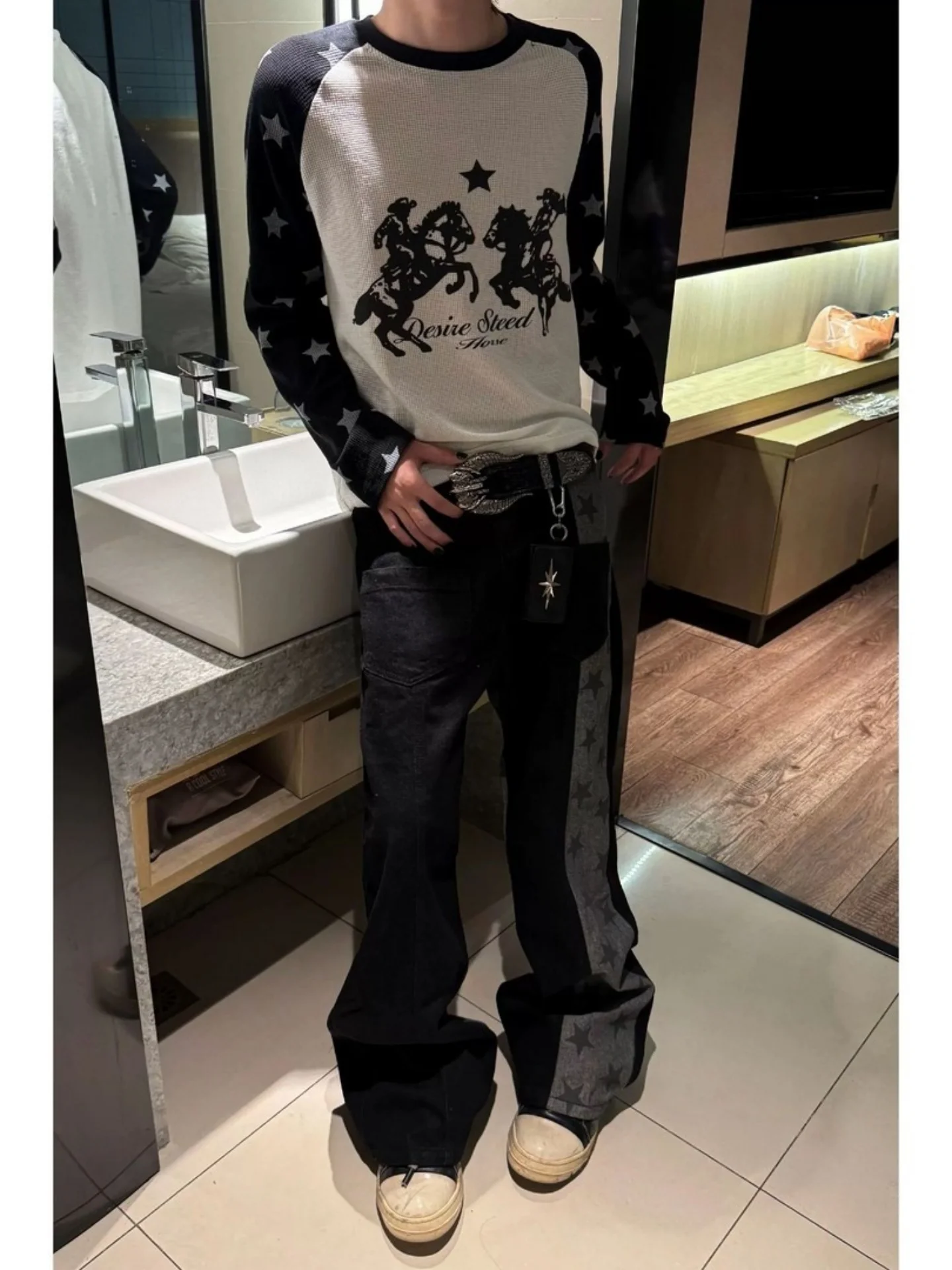 American High Street Star Color Block Micro Flared Jeans Men Women Retro Shock Color Slim Loose Draping Wide Leg Pants