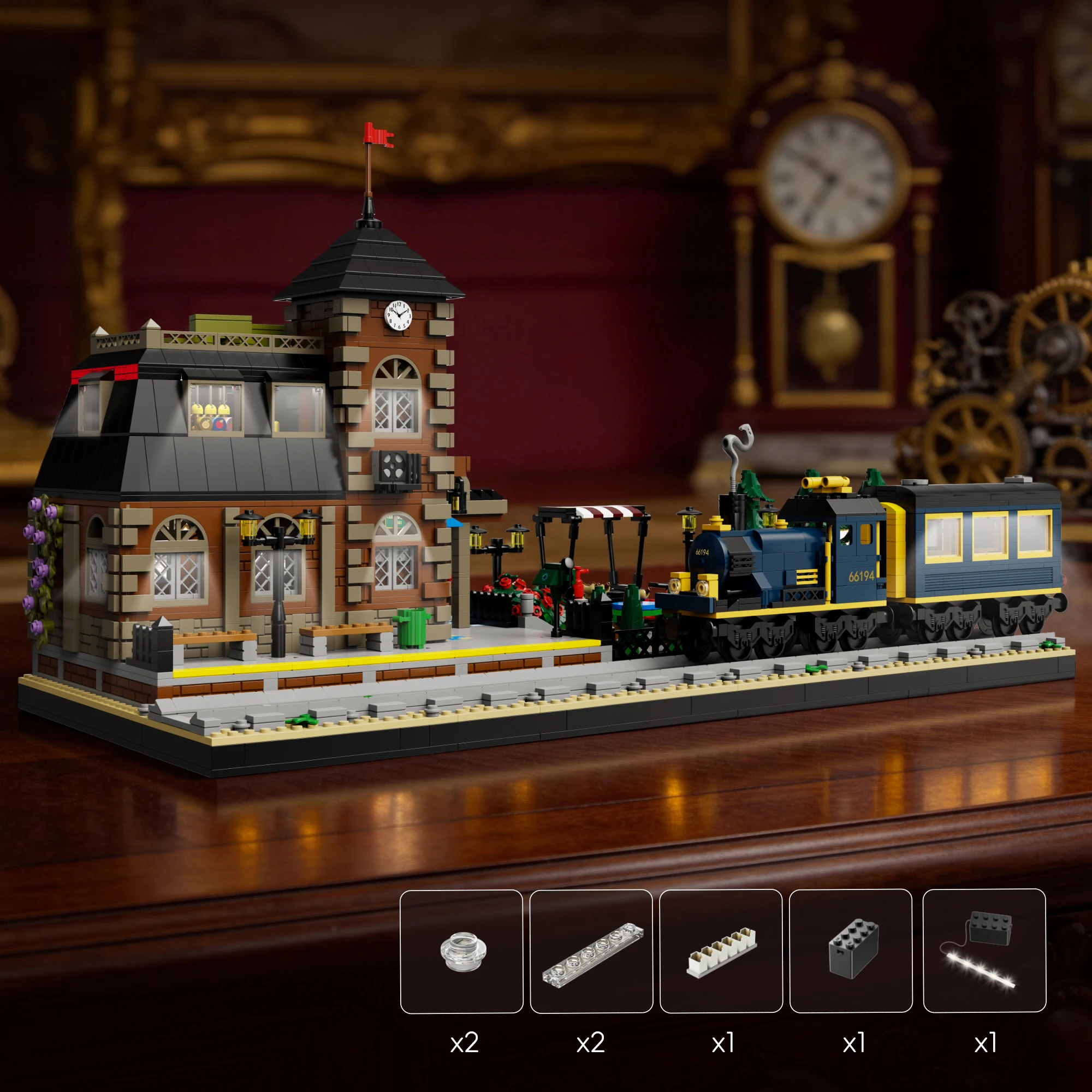 

Vintage European Train Station Building Blocks Set 3587PCS Steam Locomotive Railway Scene Bricks Lighted Desktop Decor Gift