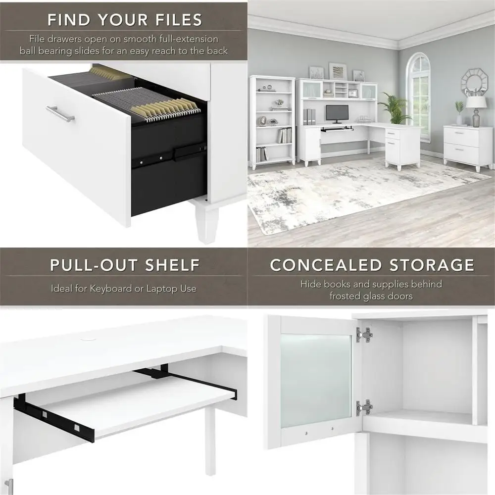 

72-дюймовый белый L-образный стол с надстройкой, боковым шкафом для документов и книжным шкафом для компьютера или домашнего офиса