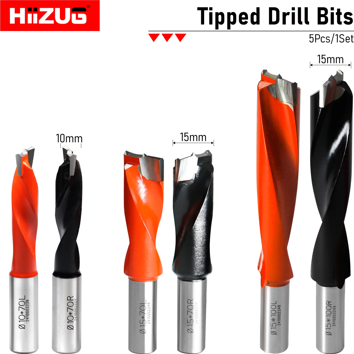 10mm/15mm Tungsten Carbide Tipped Drill Bits 10mm Shank, Woodworking TCT Drill Bits Right/Left for Wood Drilling, 5Pcs/1Set