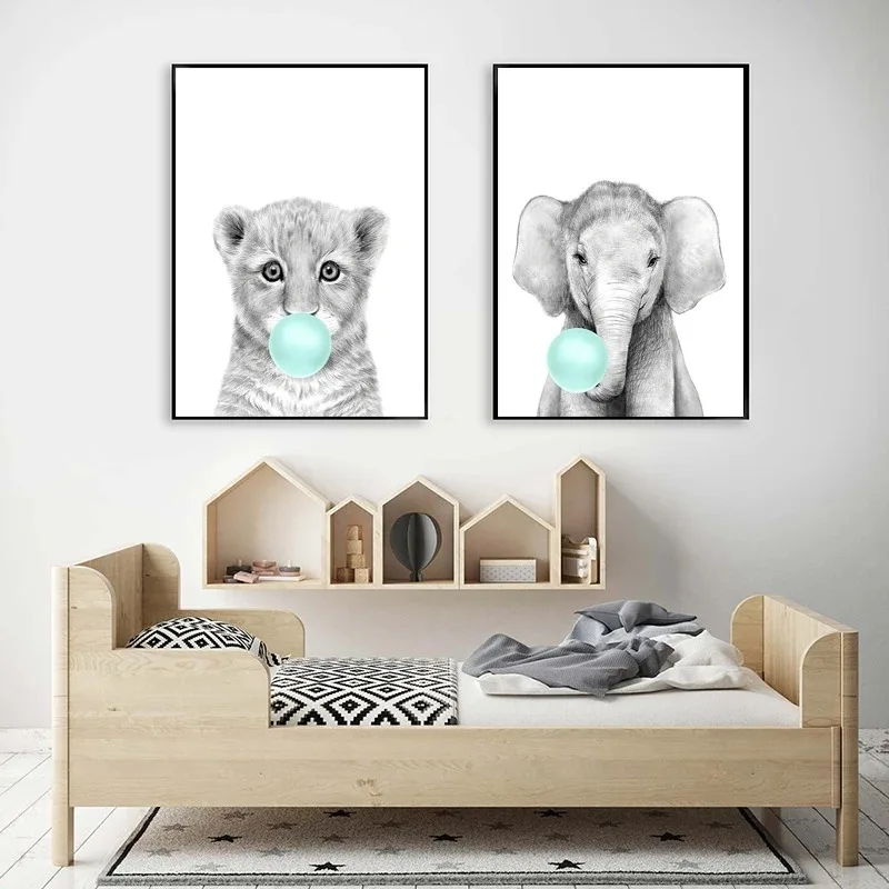 Nordic Kids Room Teal Bubble Elephant Giraffe Child Poster Animal Wall Art Canvas Painting Nursery Pictures Baby Room Decor