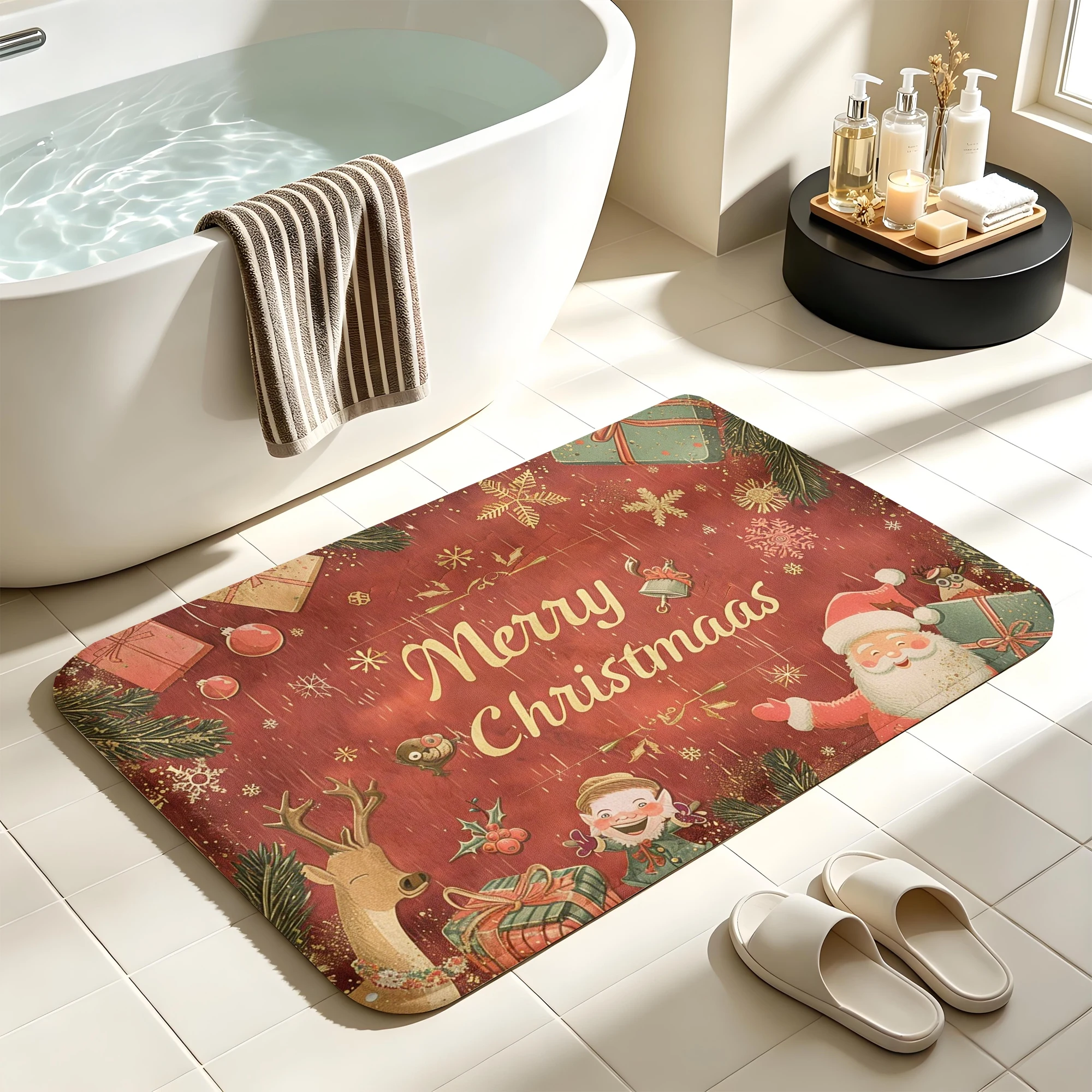 Vintage Santa Elf Reindeer Gift Snowflake Print Plush Absorbent Sponge Mat,Bathroom Non‑Slip Mat & Decorative Door Mat