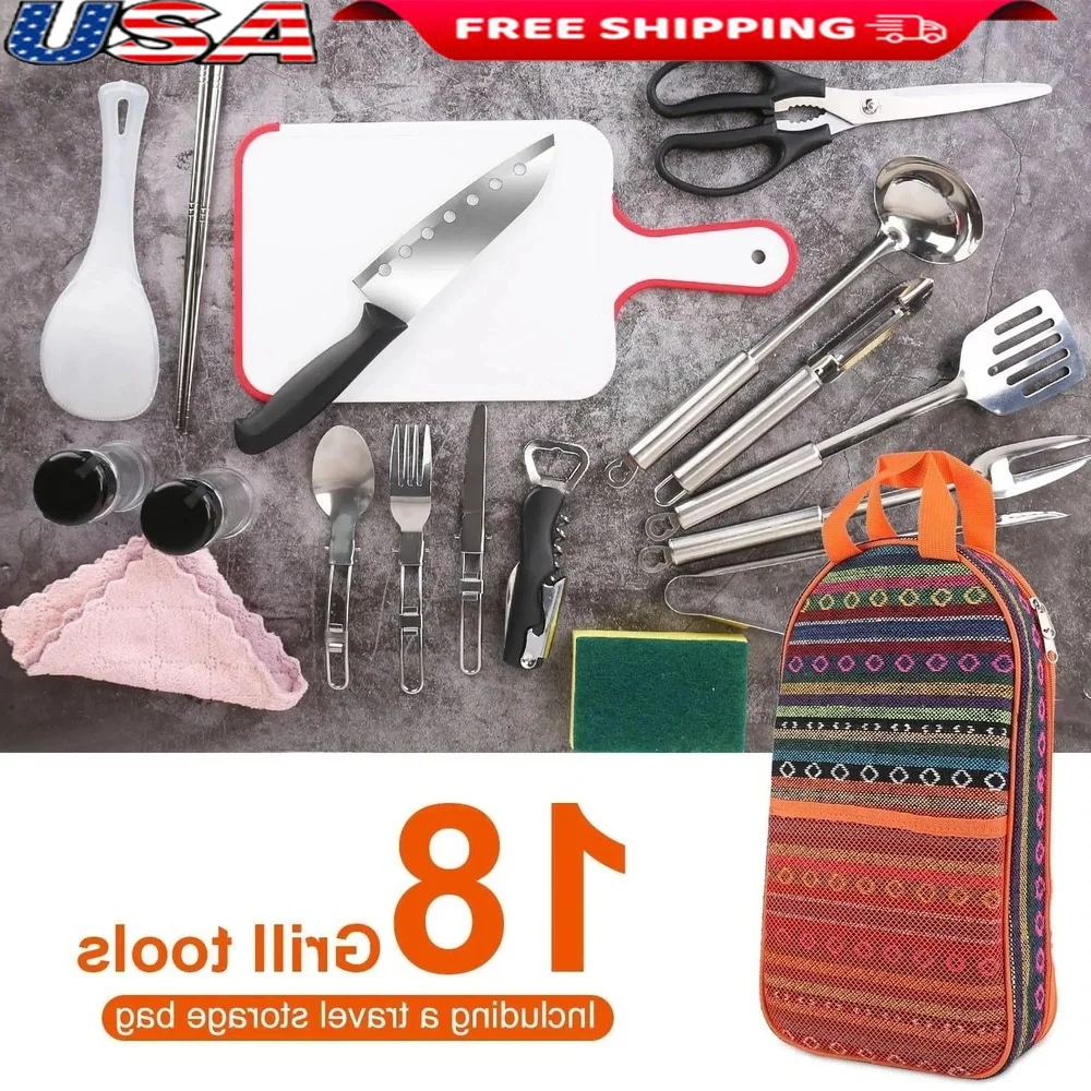 

19 шт. портативный набор кухонных принадлежностей для кемпинга, уличные кухонные принадлежности, набор посуды для барбекю с сумкой для хранения, легкая транспортировка