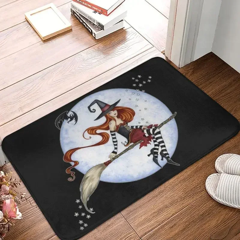 Halloween Witch Moonlight Ride Front Floor Door Entrance Mat Outdoor Goth Occult Bathroom Kitchen Doormat Garage Carpet Rug