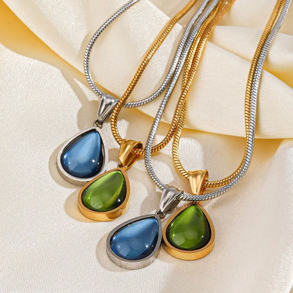 New Style Olive Green Blue Droplet Pendant Necklace For Women Girls Stainless Steel Vintage Clavicle Chain Wedding Jewelry Gift