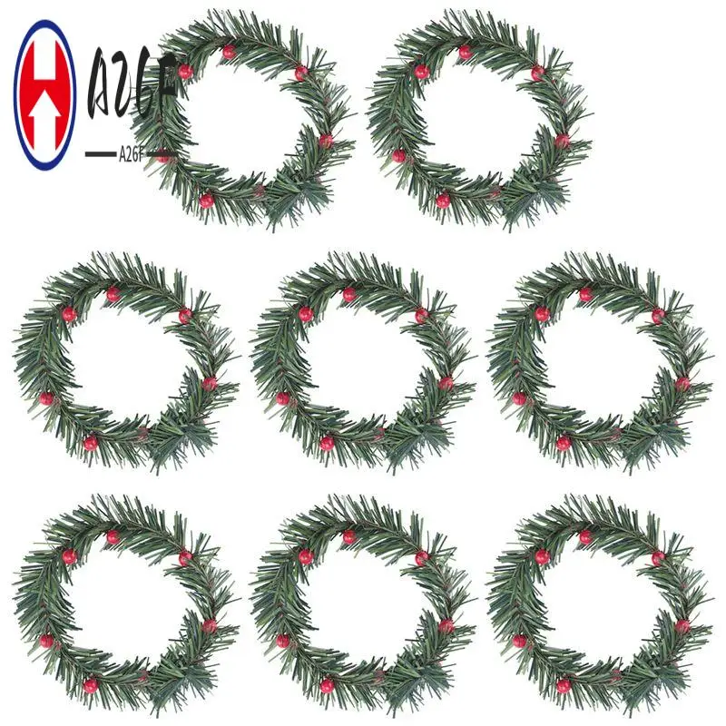 A26F-8 PCS Holly Berry Candle Ring Small Artificial Red Berries Pine Needles Wreath For Christmas Garland Ornaments Decor