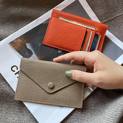 Porta-cartão de couro genuíno feminino, em estilo Ins, ultrafino, mini, envelope curto, coreano, japão, estojo de cartão de crédito, na moda