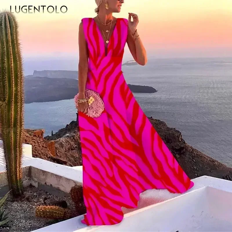 Women Elegant Temperament Dress Sleeveless Summer Thin Sexy Deep-v Neck Lady Empire Big Swing Party Maxi Clothing view 5