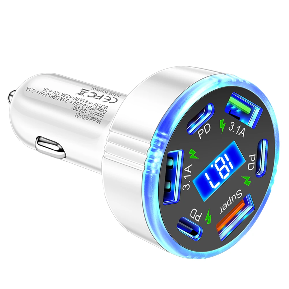 Intelligent Charging Car Charger with 6 Ports Super Fast PD Technology for Phones and Tablets Enhanced Safety Features