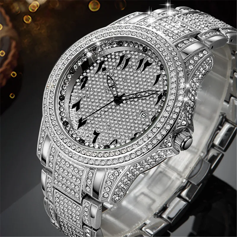 Big Brand Watches For Men Fashion Alloy Band Hip Hop Diamond Golden Luxury Date Quartz Vintage Watch Montres de Marque de Luxe