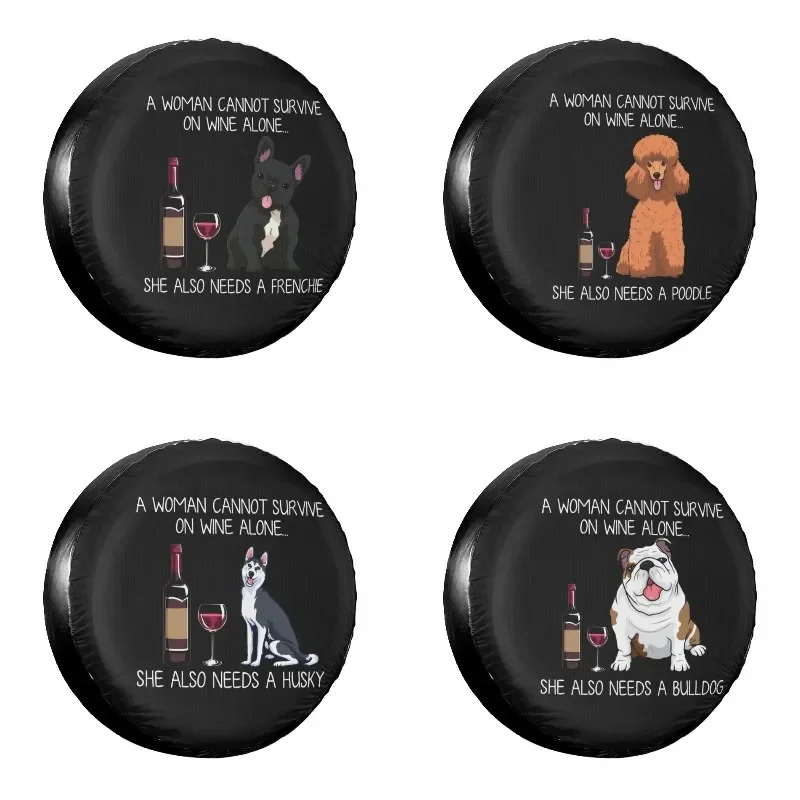 Frenchie And Wine Funny Dog Spare Wheel Tire Cover Case Bag Pouch for  Mitsubishi Pajero Dog Lovers Pet Vehicle Accessories