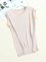 BirdTree, 100%Real Silk Knitted T-Shirt, O-Neck Short Sleeve Solid, Women Casual Basics Bottom Tees, 2024 Spring Summer T43372QM