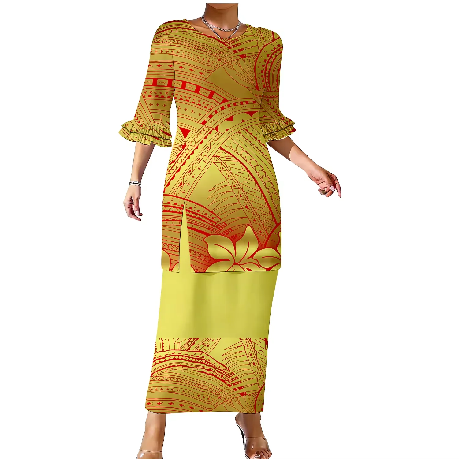 

Оптовая продажа: Женское платье в гавайском стиле с двойными рюшами на рукавах, дизайн в стиле островов Тихого океана, комплект из 2 предметов, на заказ, в стиле тонганского пулетаси