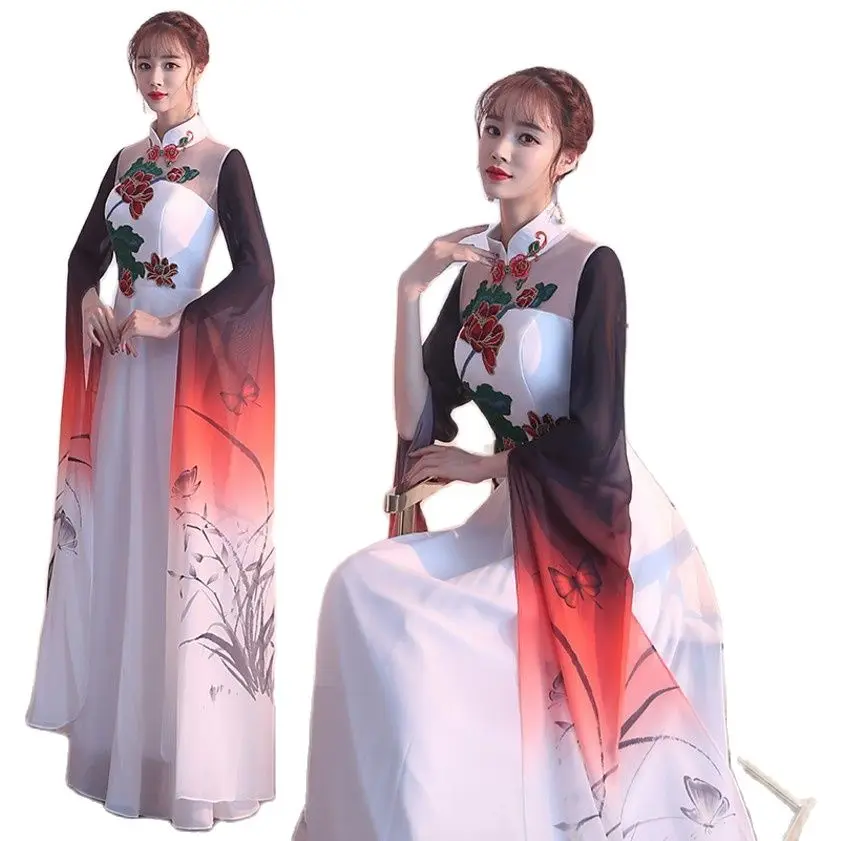 Chinese Classical Dance Costume Cheongsam Style Long Sleeve Women Fairy Dress Vestido Stage Performance Wear