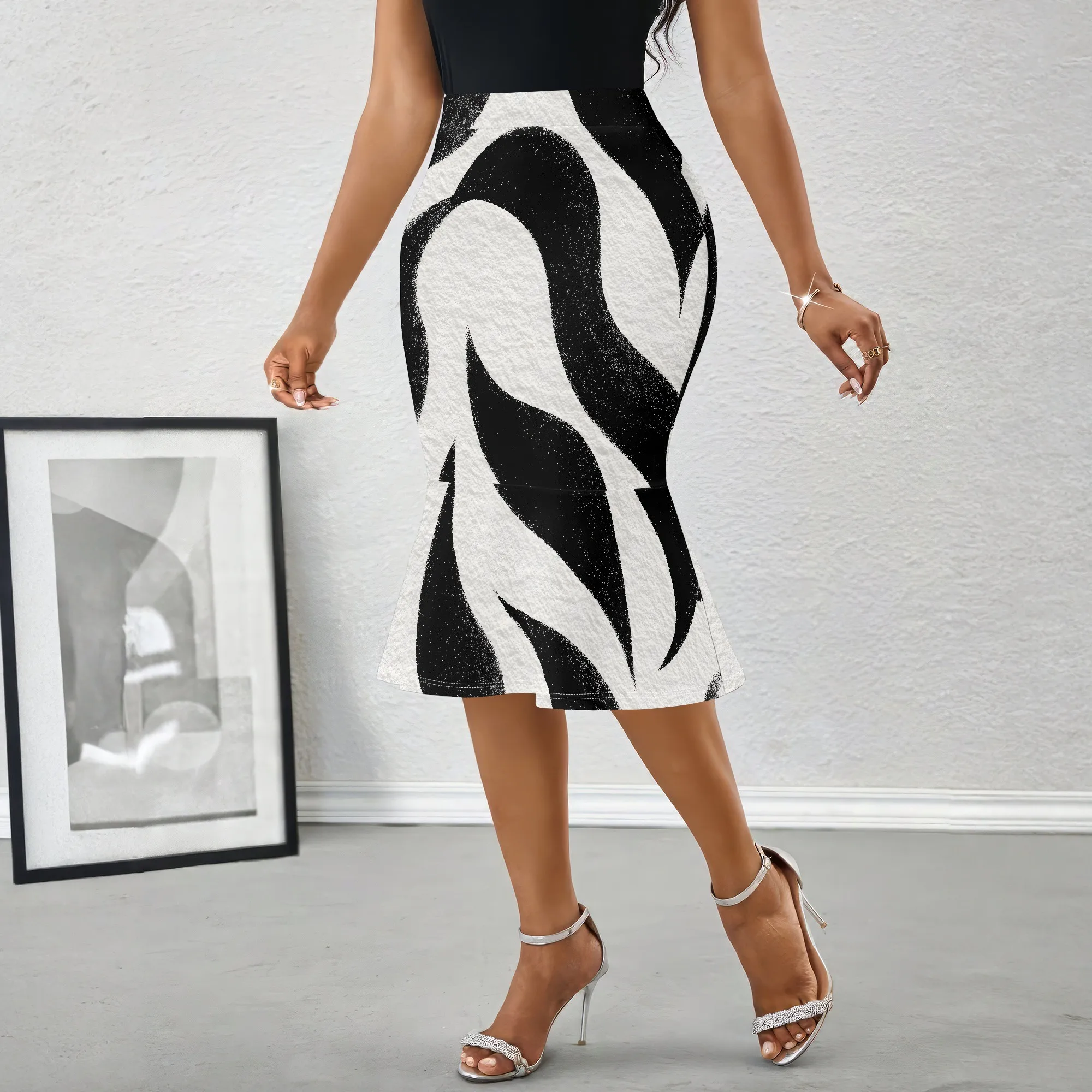 Black and White Abstract Print Skirt, High Waist Pencil Midi Skirt, Bodycon Party Workwear for Women, S-2XL