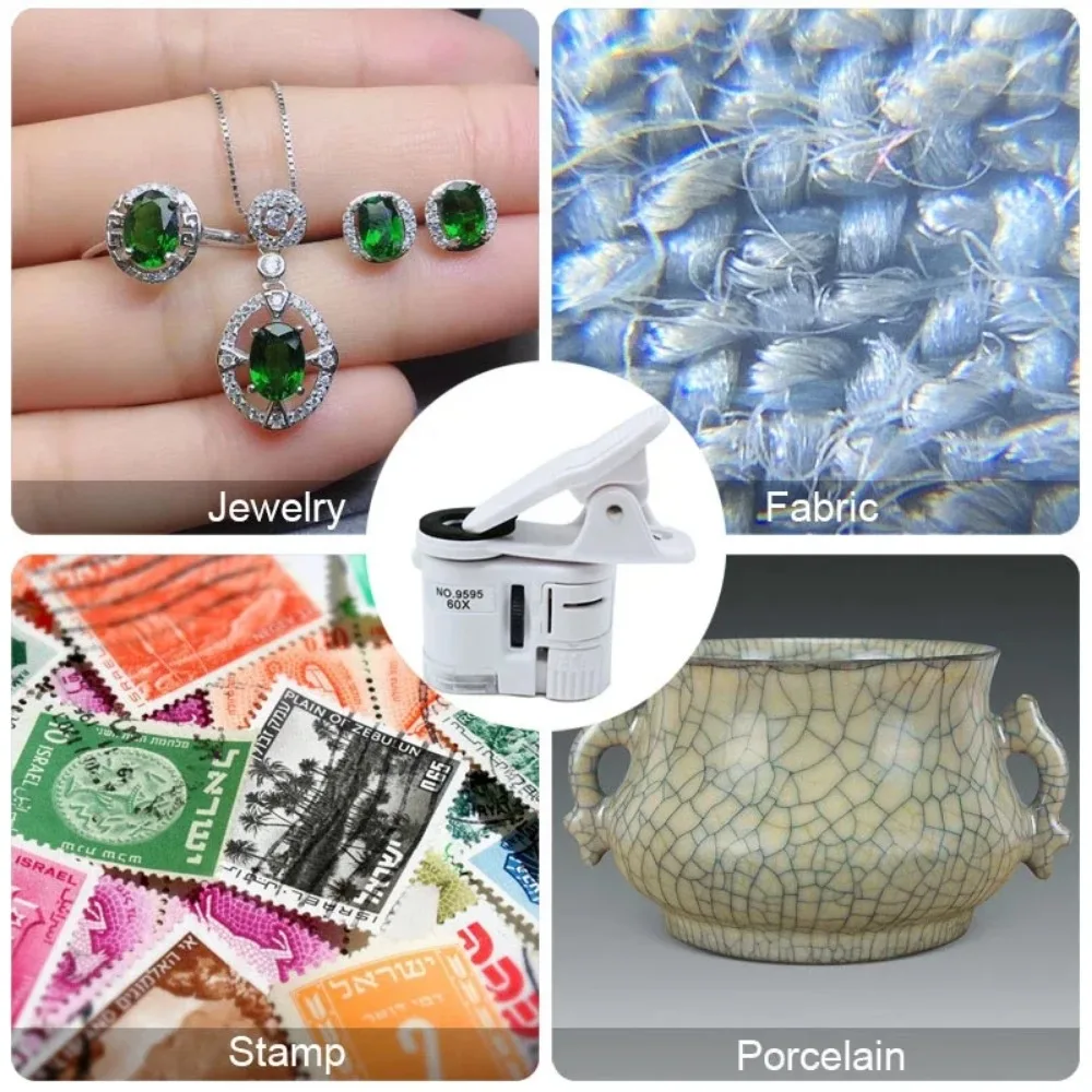 60X LED Jewelry Magnifying Glass Focusing Adjusted Pocket Microscope With Cell Phone Clip UV Light Universal Clip Microscope