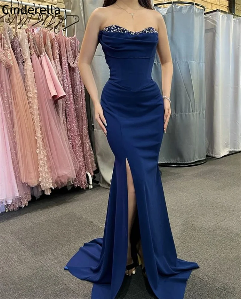 Navy Blue Prom Dresses Crystal Mermaid Mate Mate Silk Satin With Lace Up Back vestidos de fiesta de noche 2024 Newest