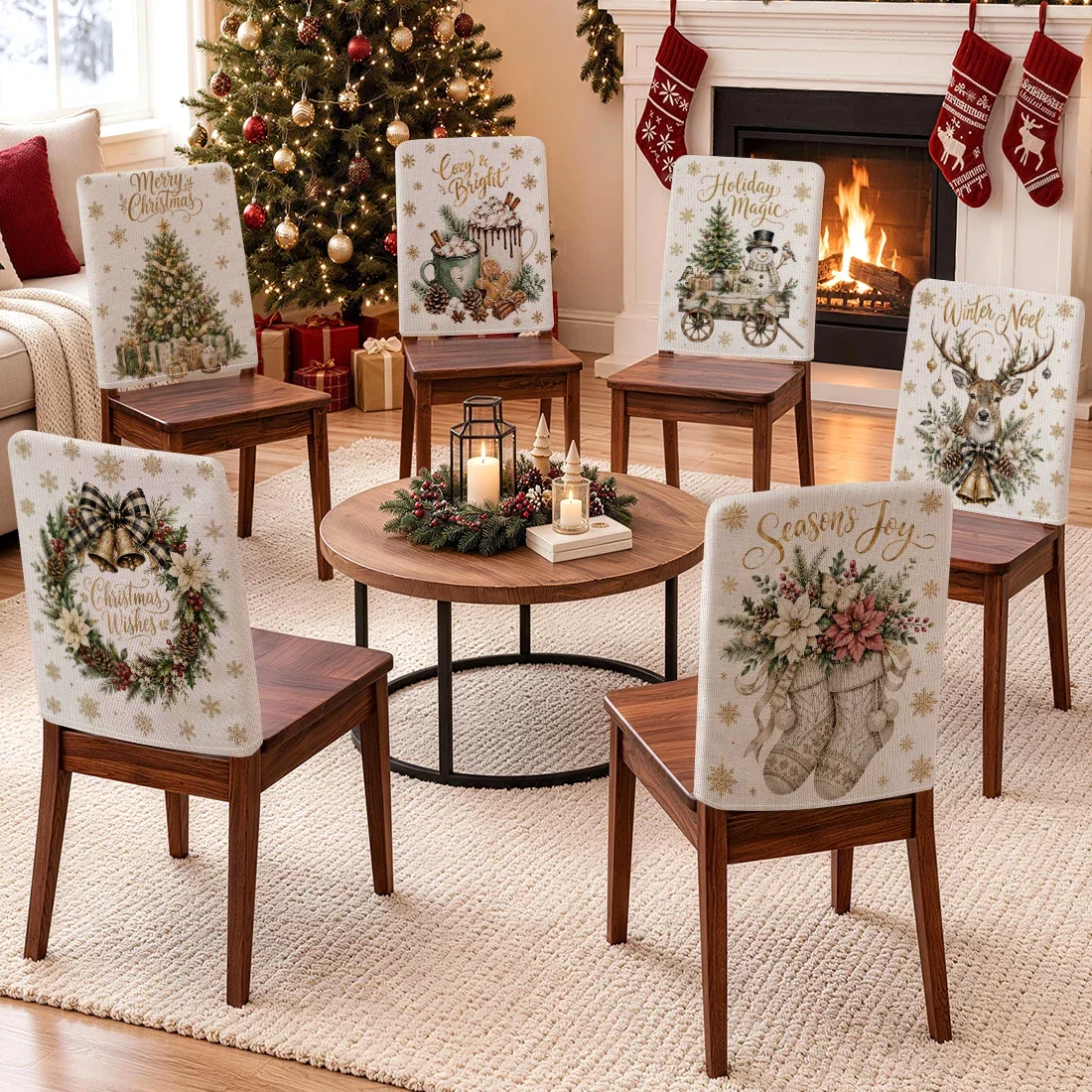 2/4/6pcs/set Vintage Christmas Tree Gifts Chair Cover Table Decoration Dining Seat Chair Covers Dining Room Bar Party Banquate