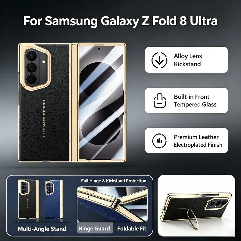 Luxury Plating Hinge Protect Leather Case for Samsung Galaxy Z Fold 8 Ultra 7 Alloy Lens Stand Tempered Glass Screen Flip Cover