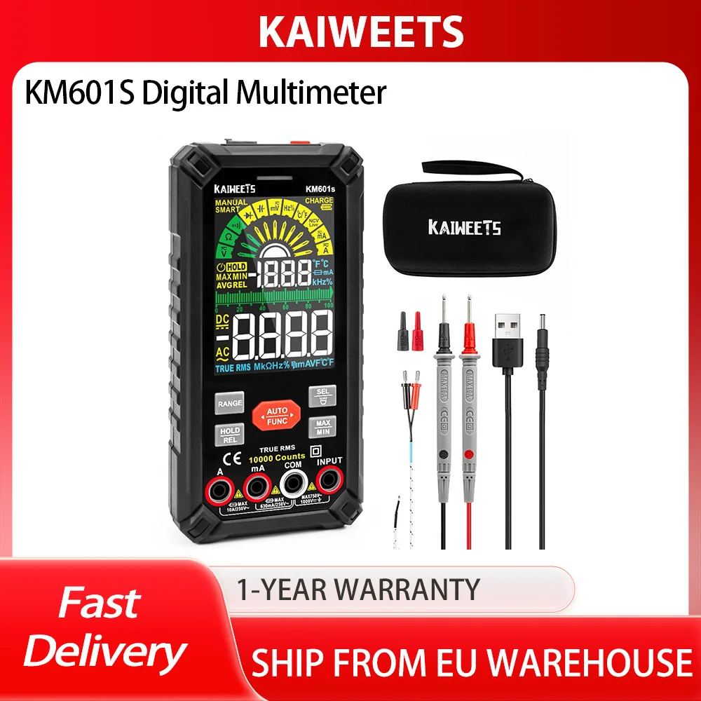 Multímetro digital KAIWEETS KM601S, medidor de valores eficaces verdaderos de 10000 recuentos, modo inteligente, modo manual, linterna, múltiples funciones, seguridad