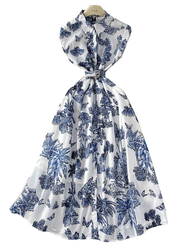 فستان قميص بياقة مطوية وطباعة أوراق الخيزران بتصميم عتيق، فستان صيفي طويل بزر واحد وقصة ضيقة على شكل حرف A للنساء