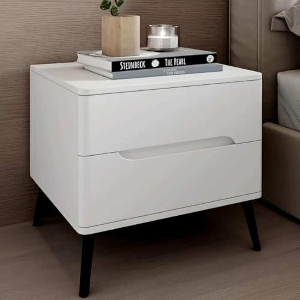 

Matte White Nightstand, Solid Wood Bedside Table with 2 Drawers, Rounded Corners for Safety, Hidden Handles, Complements Various