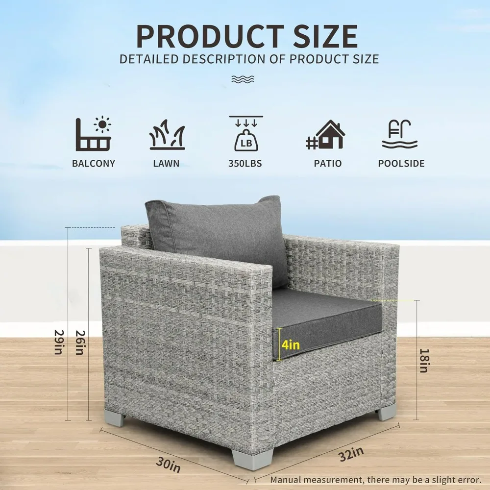 Conjunto de 2 cadeiras de vime para pátio, sofá ao ar livre, varanda, cadeira única, cinza, assento profundo, poltrona, móveis de varanda com cus cinza