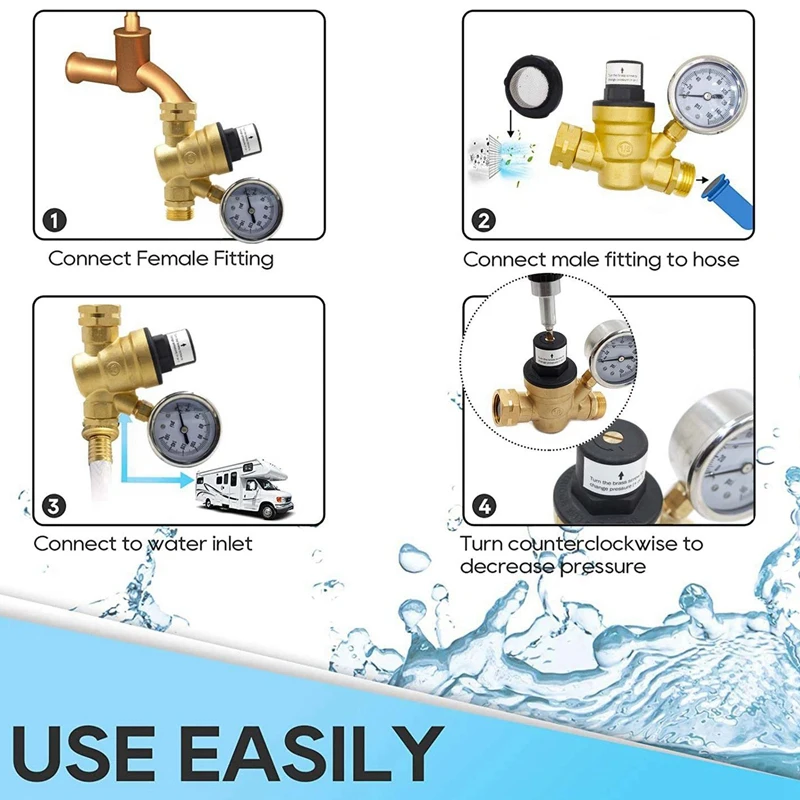 RV Water Pressure Regulator Valve Brass Lead-Free Adjustable Water Pressure Reducer For RV Campers Travel Trailer