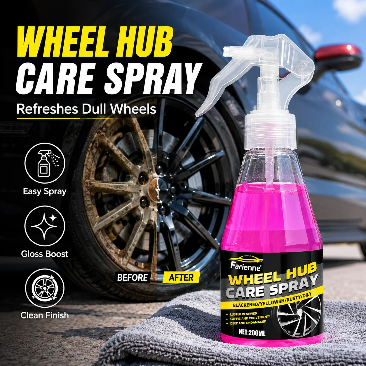 Farienne Fast Acting Wheel Iron Remover Spray For Car Rim Brake Dust Rust Cleaning No Damage Multi-Surface Protection Maintenanc