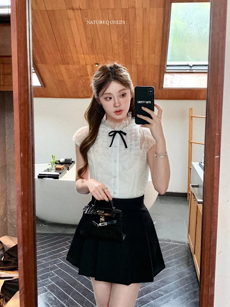 

Белый ort Sve Кружевная отделка Bubble Sve irt Женский Sle Французская моянь Полиэстер Материал Застежка на пуговицы Чистый цвет