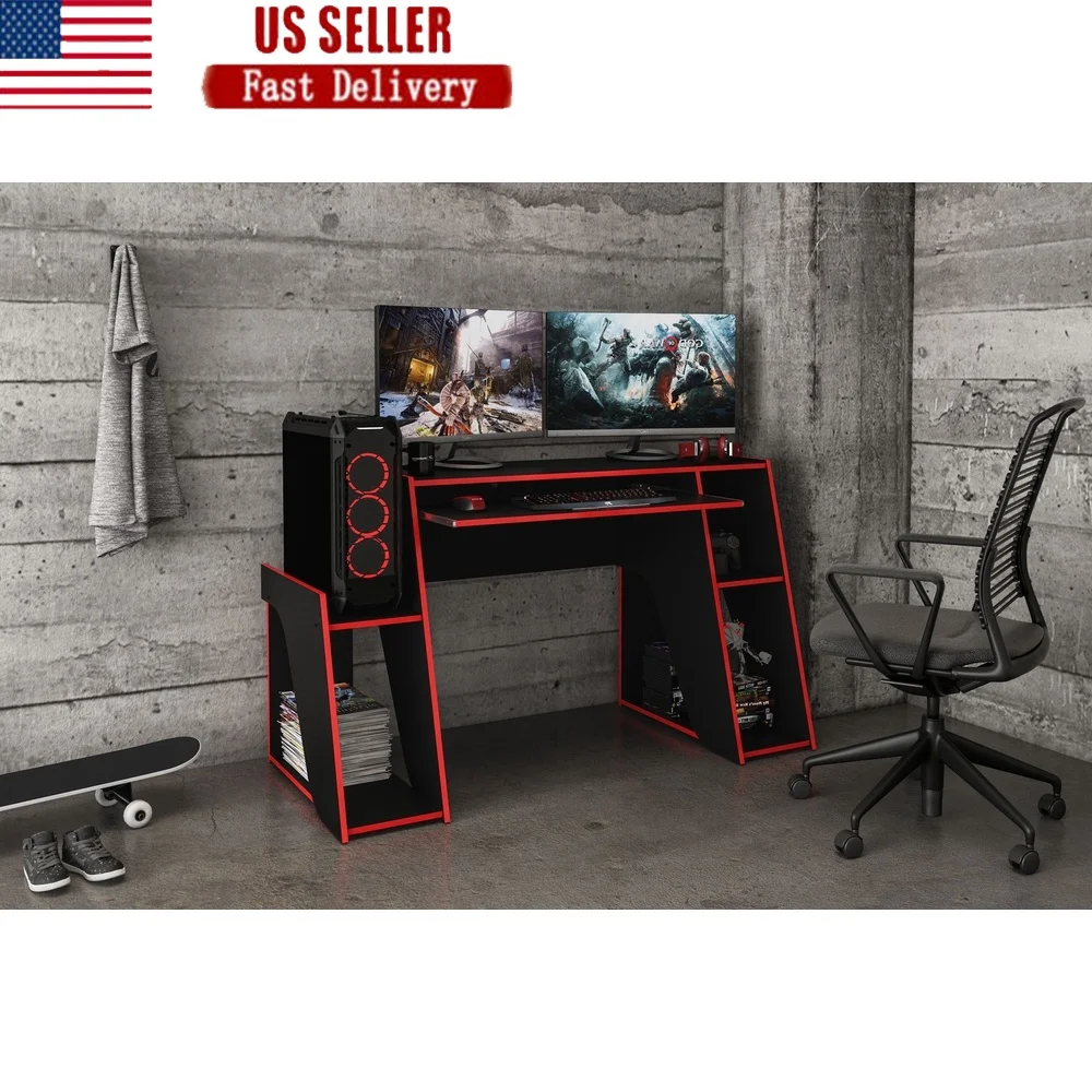 

Gaming Computer Desk with Keyboard Tray Shelves Multi Monitor Setup Cable Management Features Durable Engineered Wood