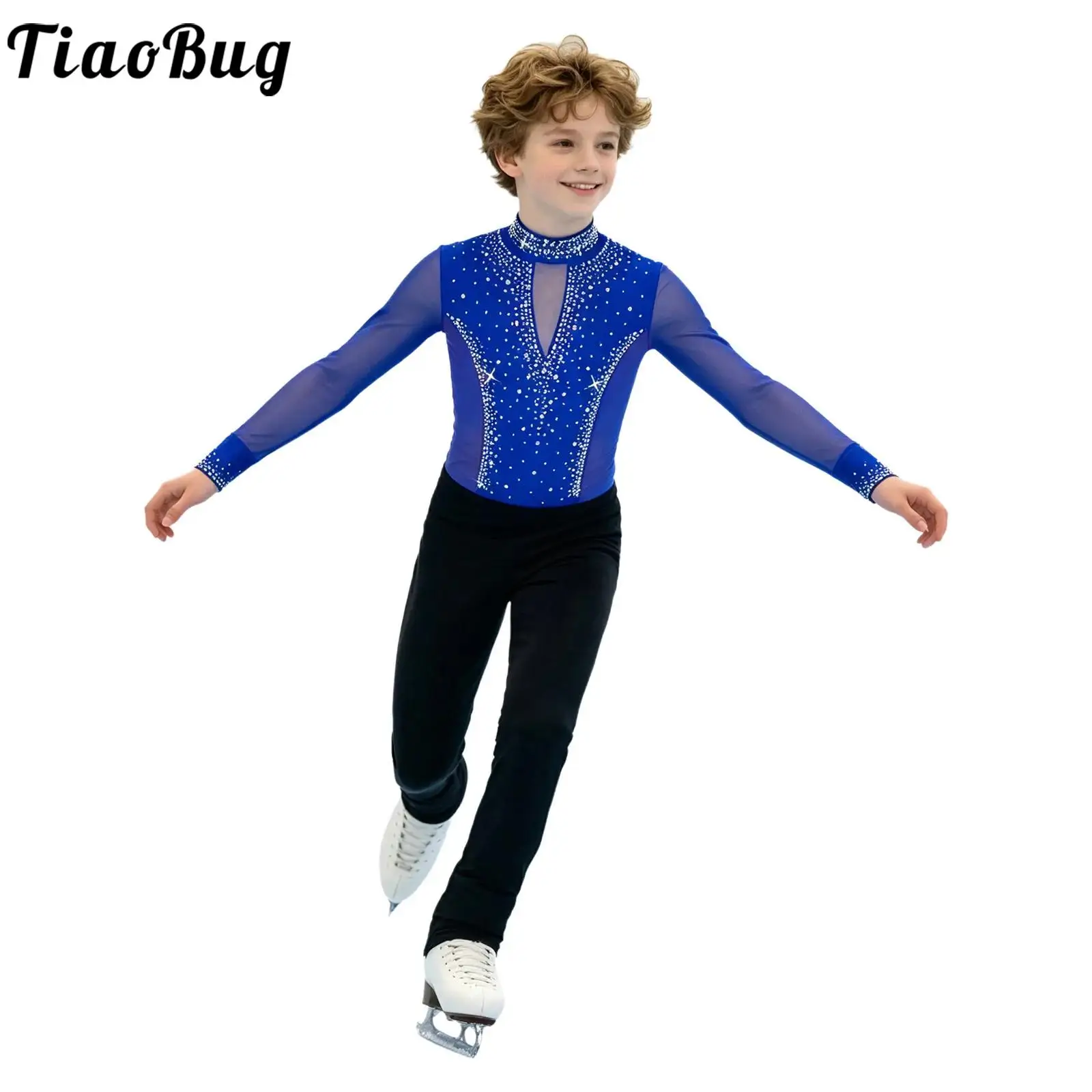 Kids Boys Dance Leotard Sheer Mesh Long Sleeve Rhinestones Bodysuit for Jazz Ballet Figure Skating Dance Performance Competition