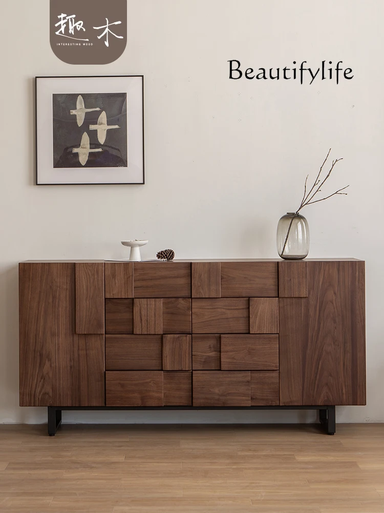 Nordic Black Walnut Solid Wood Sideboard Japanese Style Living Room Wall Storage Cabinet Chest of Drawer