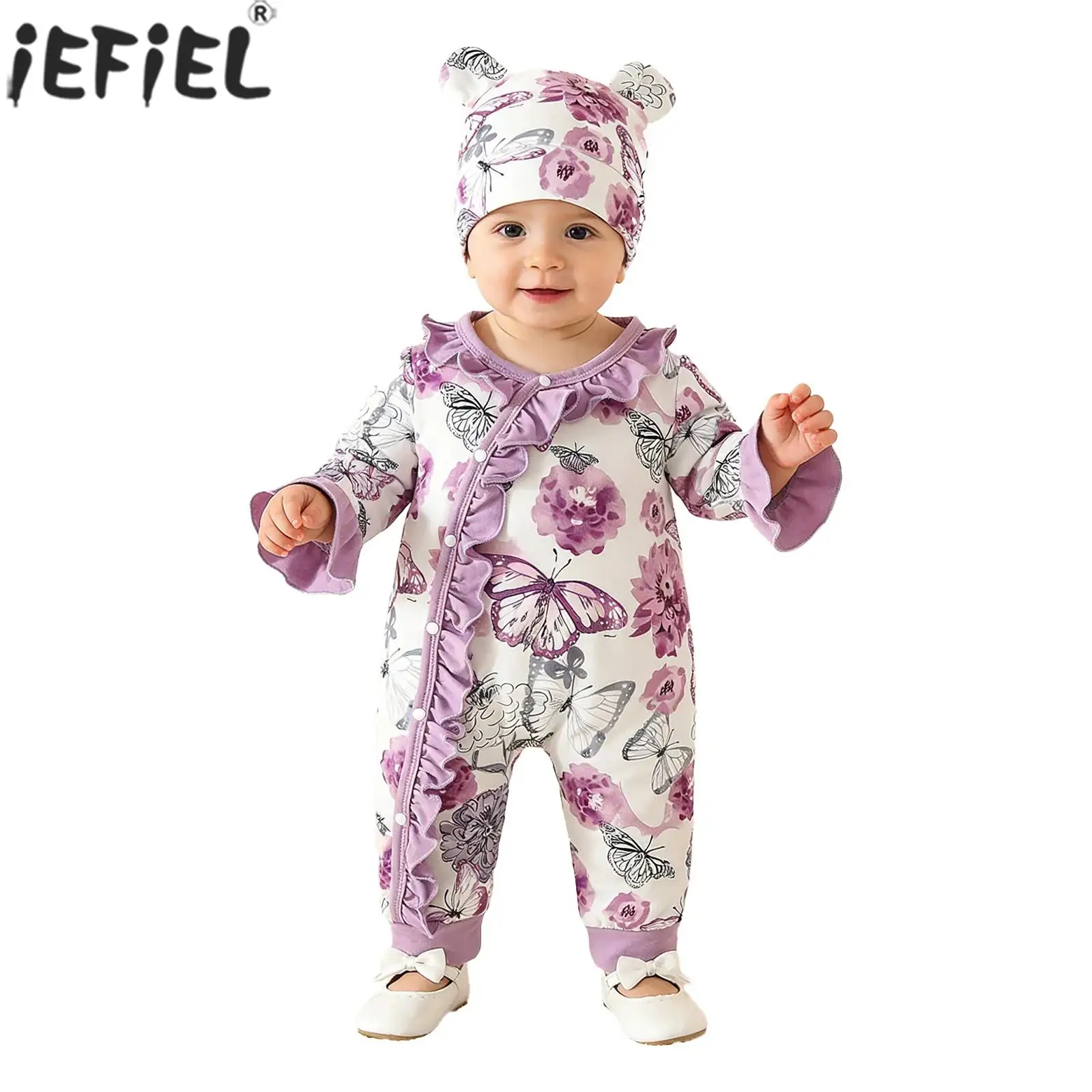 

Комбинезон с цветочным принтом для маленьких девочек, комбинезон с длинными расклешенными рукавами и рюшами, шляпка и повязка на голову для фотосессии на вечеринке в честь дня рождения