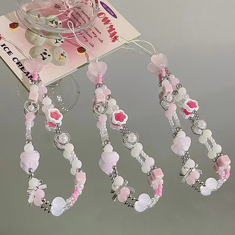 Cute Fairy Pink Love Flowers Beaded Phone Chain Fashion Hanging Rope Anti-lost Lanyard Charm Keychain Pendant Bag Accessory Gift