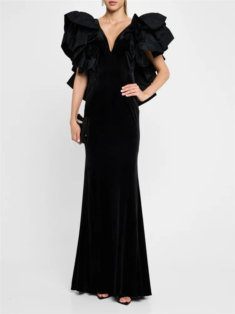 

Hot Selling Deep V Neckline Short Voluminous Sleeves Column Satin Evening Dress Open Back Zipper Floor Length Gown For Women